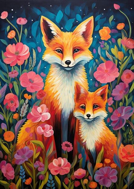 Premium Photo Painting Of Two Foxes In A Field Of Flowers With A