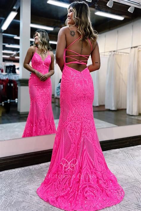 Hot Pink Abstract Pattern Sequin Strap Back Long Prom Dress Vq