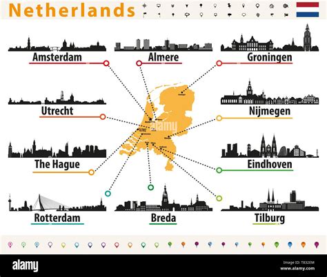 Netherlands Map With Largest Cities Skylines Stock Vector Image Art