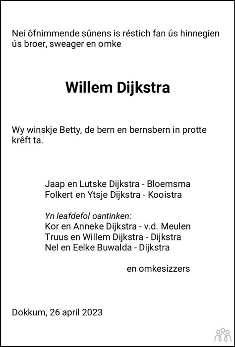 Willem Sipke Dijkstra Overlijdensbericht En Condoleances