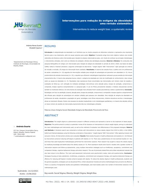 Pdf Intervenções Para Redução Do Estigma Da Obesidade Uma Revisão