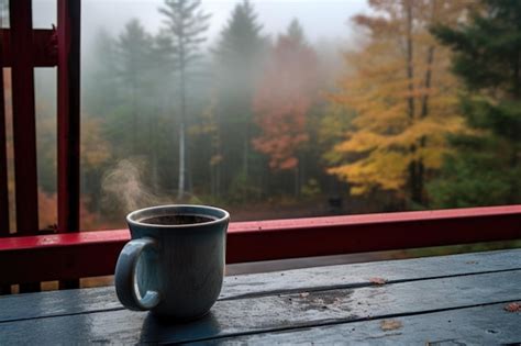 Premium Ai Image Foggy Morning View From A Cabin Porch With Steaming