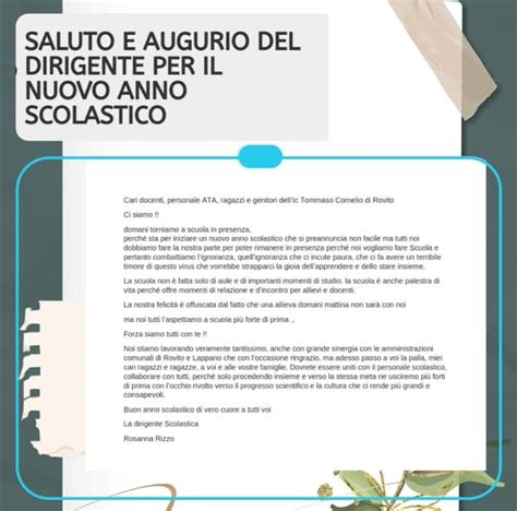 Saluto E Augurio Del Dirigente Per Linizio Del Nuovo Anno Scolastico