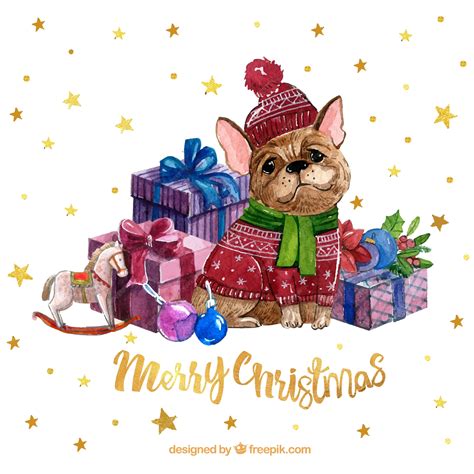 Fondo De Bonito Perrito De Acuarela Con Regalos Vector Premium