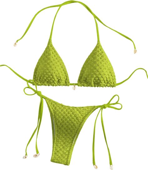 Amazon OYOANGLE Women S Piece Textured Triangle Halter Bikini Swimsuit Tie Side Bathing
