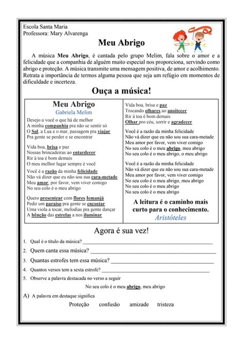 Música Meu Abrigo Texto e atividade PDF