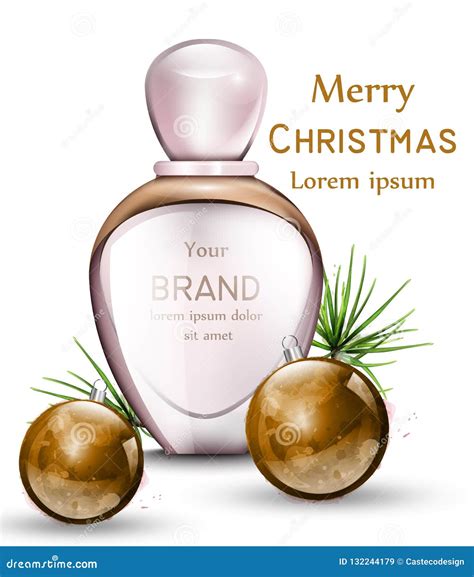 Perfume Bottle Vector Realistic With Golden Watercolor Baubles Merry