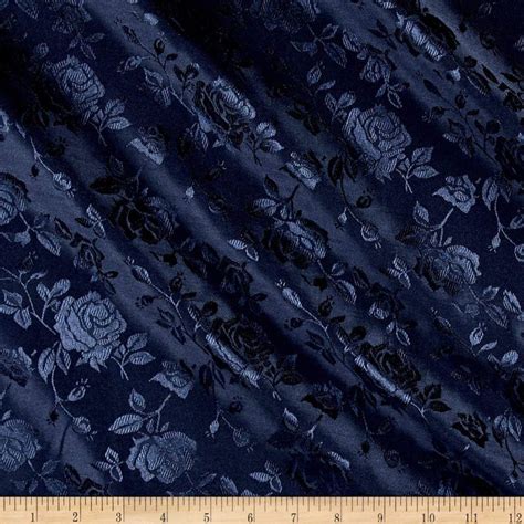 Navy Blue Wide Polyester Flower Brocade Jacquard Satin Fabric Sold