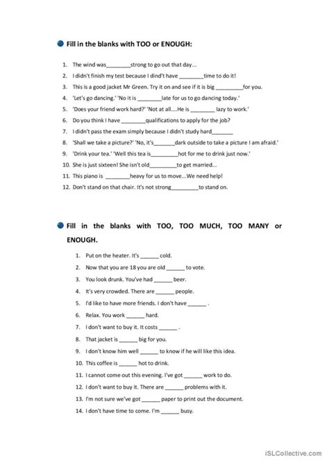 Too Vs Enough General Gramma English ESL Worksheets Pdf Doc