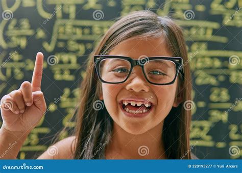 Portrait Excited And Girl With Blackboard Genius And Solution In