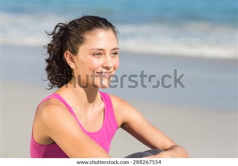 Pretty Fit Brunette Sitting Beside Sea Stock Photo Shutterstock