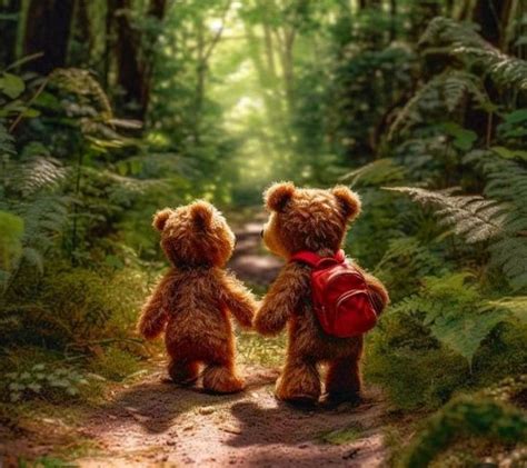 Two Teddy Bears Standing In The Middle Of A Forest