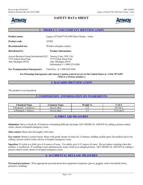 Legacy Of Clean™ Glass Cleaner Msds Amway