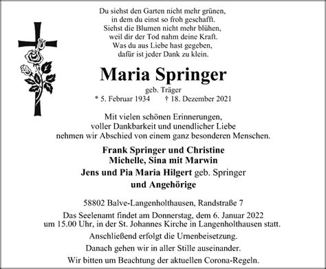 Traueranzeigen Von Maria Springer Trauer In NRW De