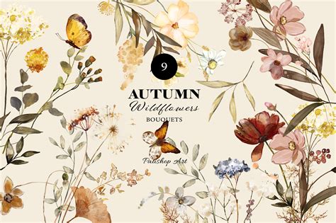 Autumn Watercolor Wildflowers Clipart Design Cuts