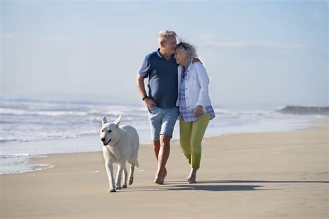 Senior Couple Walking On The Beach With White German Shepherd New