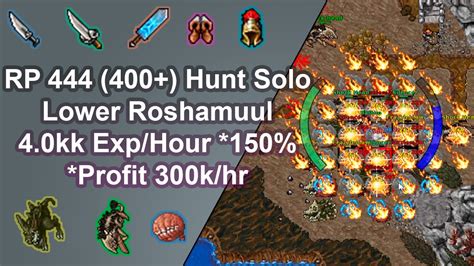 Tibia Royal Paladin 444 400 Solo Hunt Lower Roshamuul 4 0kkexp Hour 150 Profit 300k Hr