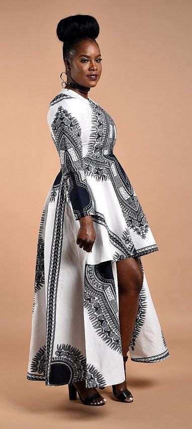 White Dashiki High Low Dress African Print Long Sleeve Dress