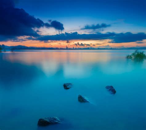 Wallpaper Pemandangan Matahari Terbenam Laut Kota Danau Alam