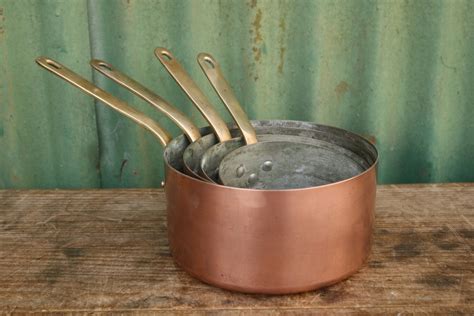 Vintage Old Antique Set Of Four French Copper Saucepans Kitchenalia