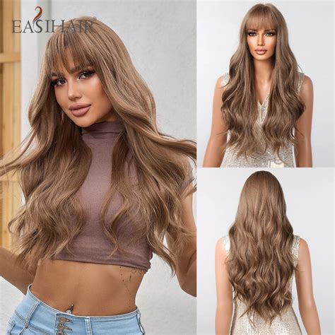 Easihair Light Brown Long Body Wave Synthetic Wigs With Bang For Women