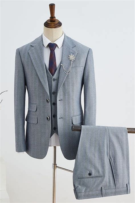 Cedric Formal Gray Striped Pieces Notched Lapel Slim Fit Custom