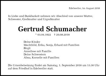 Traueranzeigen von Gertrud Schumacher Schwarzwälder Bote Trauer