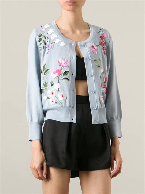 Lyst Oscar De La Renta Floral Embroidered Cardigan In Blue