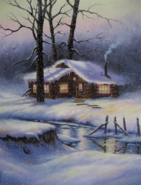 Reserved For Geoff Snowy Cabin Original Oil Painting Cabin In