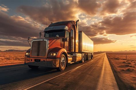 Premium Photo A Large Semi Truck Driving Down A Desert Road At Sunset