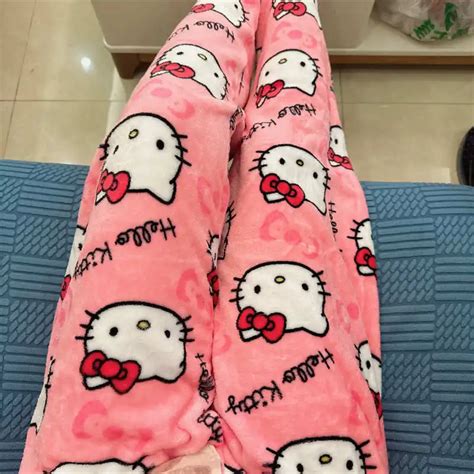 Thicken Hello Kitty Pajama Pants Sanrio Anime Fleece Double Elastic Fabric Soft Trousers Women