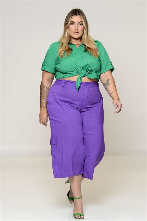 Cal A Plus Size Pantacourt Em Viscolinho Vk Moda Plus Size