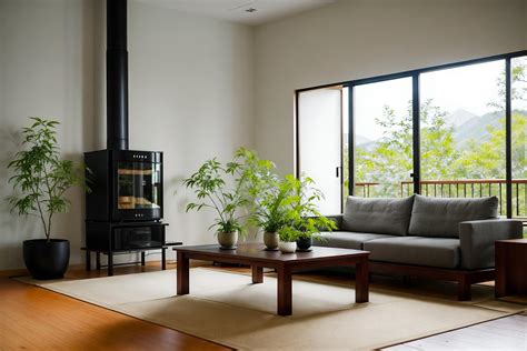 Zen Style Kitchen Living Combo Interior With Plant And Sink And Chairs