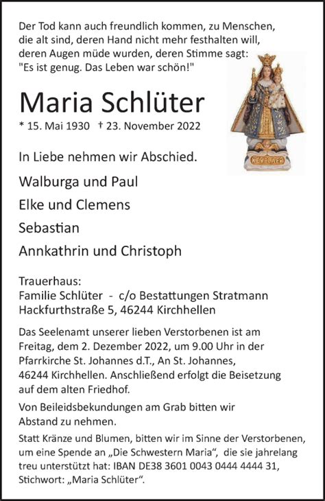 Traueranzeigen Von Maria Schl Ter Trauer In Nrw De