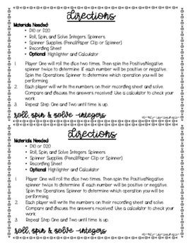 Roll Spin And Solve Integer Operations TEKS 6 3c 6 3d TpT