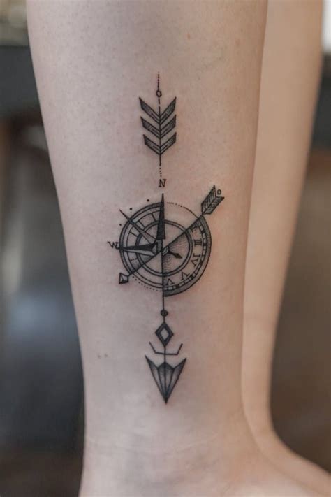 Leg Tattoo Half Watch Half Compass Meaning Two Arrows Blurred