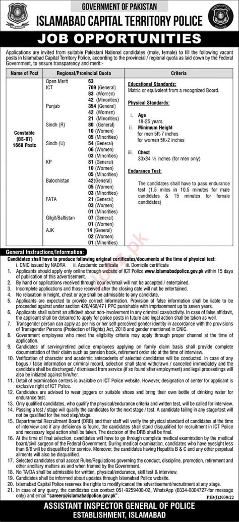 Islamabad Capital Territory Police Job 2022 2025 Job Advertisement Pakistan