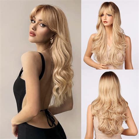 Amazon Honygebia Blonde Wig With Bangs Long Wavy Ombre Curtain Bang Wigs For White Women