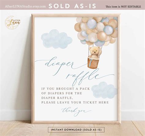 Boy Teddy Bear Hot Air Balloon Diaper Raffle Sign Baby Shower Decor We Can Beary Wait Decor