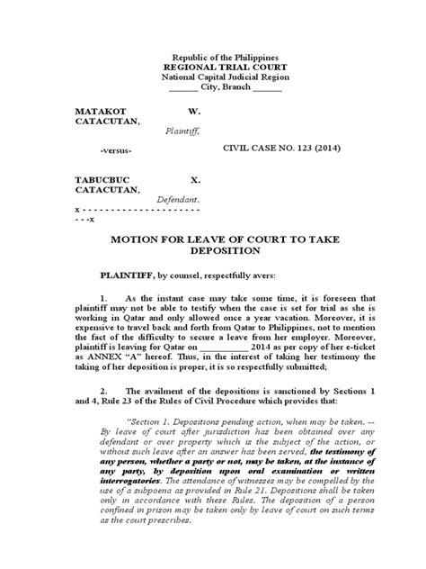 Motion For Leave Of Court To Take Deposition Pdf Deposition Law Witness