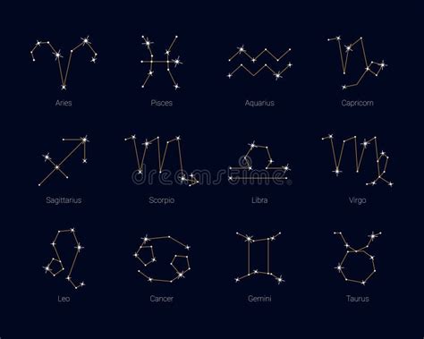 Set Of Zodiac Constellations On Night Sky Background Astrological Symbols Stock Vector