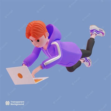 Premium Psd 3d Male Character Using A Laptop While Flying