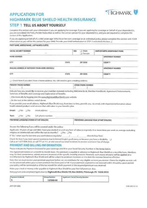 Form Enr Application For Highmark Blue Shield Health Insurance