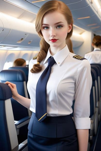 A Beautiful Woman In Flight Attendant Uniform With Shirt And Tie Is