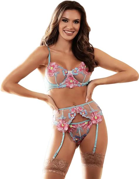 Elecurve Floral Embroidery Underwire Garter Lingerie Set Beautiful