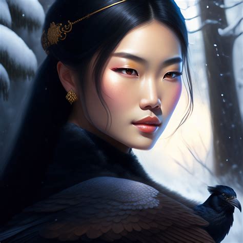 Lexica Aristocrat Scowling Beautiful Asian Girl Portrait Holding A Black Raven Snowy Forest