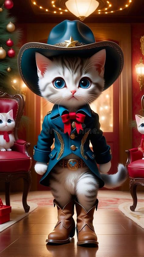 Cute Miniature Kitten Wearing Cowboy Boots and Hat Stock Illustration ...