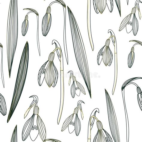 Snowdrops Flowers And Leaves Hand Drawn Seamless Pattern For Fabric