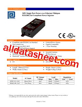 Poe U At Datasheet Pdf Phihong Usa Inc