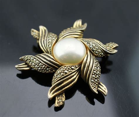 Marvella Brooch White Faux Pearl Diamond Leaf Flower Gold Tone Cz